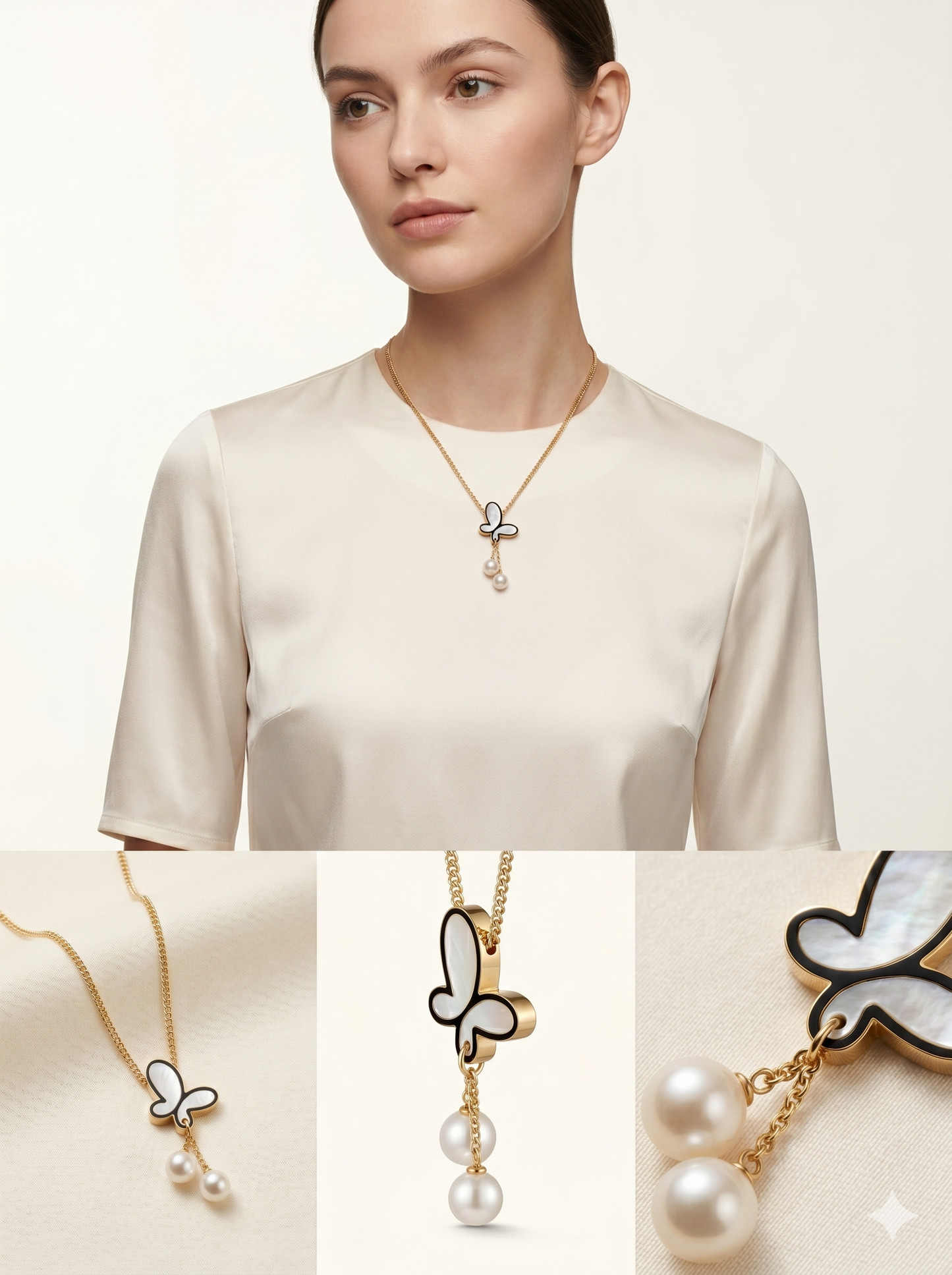 Mother of Pearl Butterfly & Double Pearl Drop Necklace