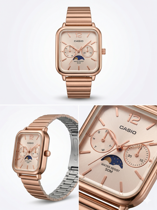 Vintage Square Moon Phase Chronograph - Rose Gold