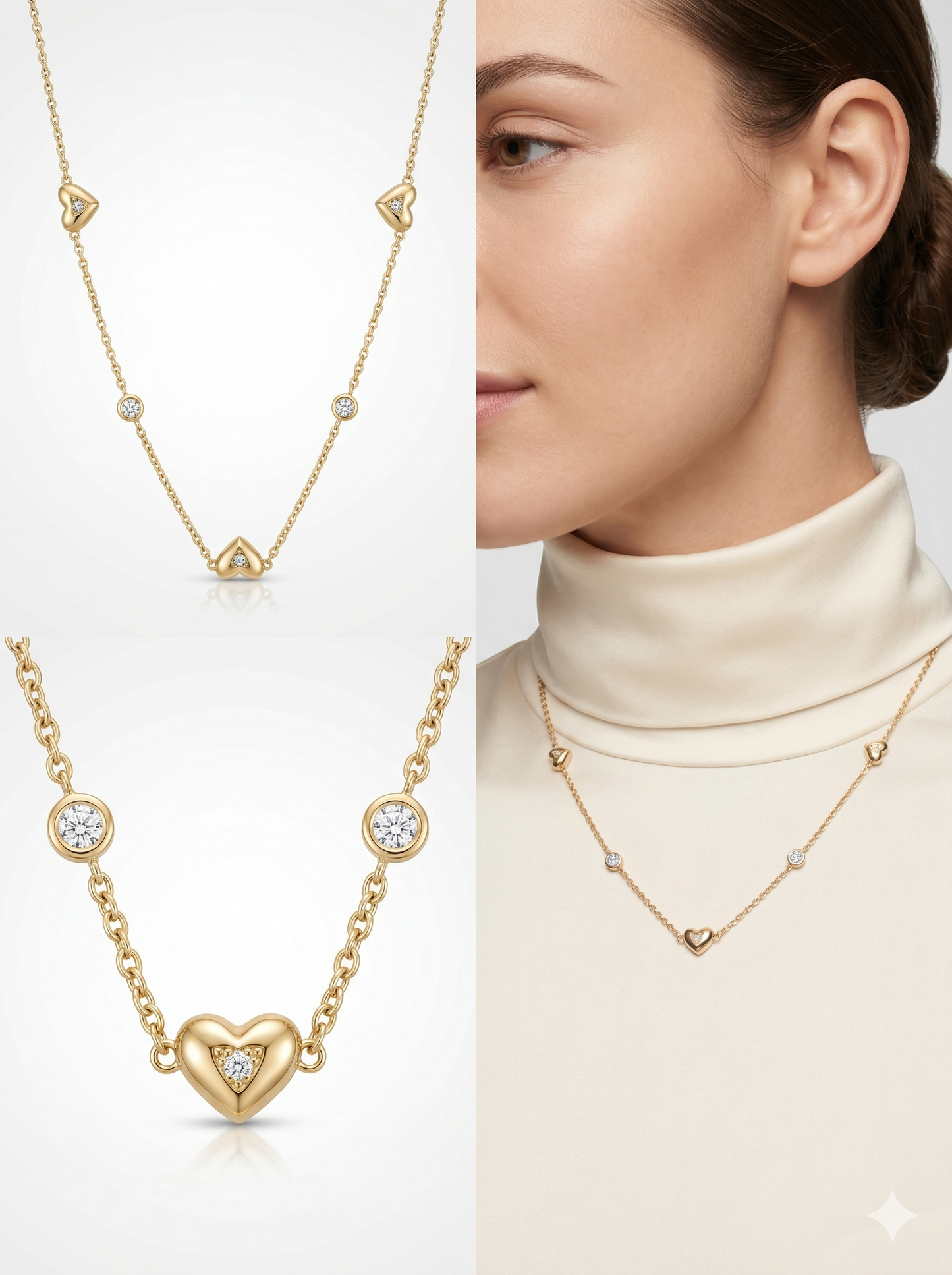 Petite Puffed Heart & Crystal Station Necklace in 18K Gold Finish
