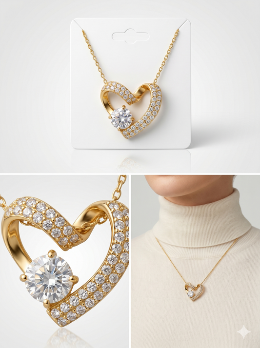Pavé Solitaire Infinity Heart Pendant Necklace in 18K Gold Finish