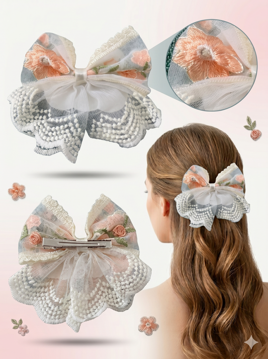 Vintage Lace & Floral Embroidery Oversized Hair Bow Clip