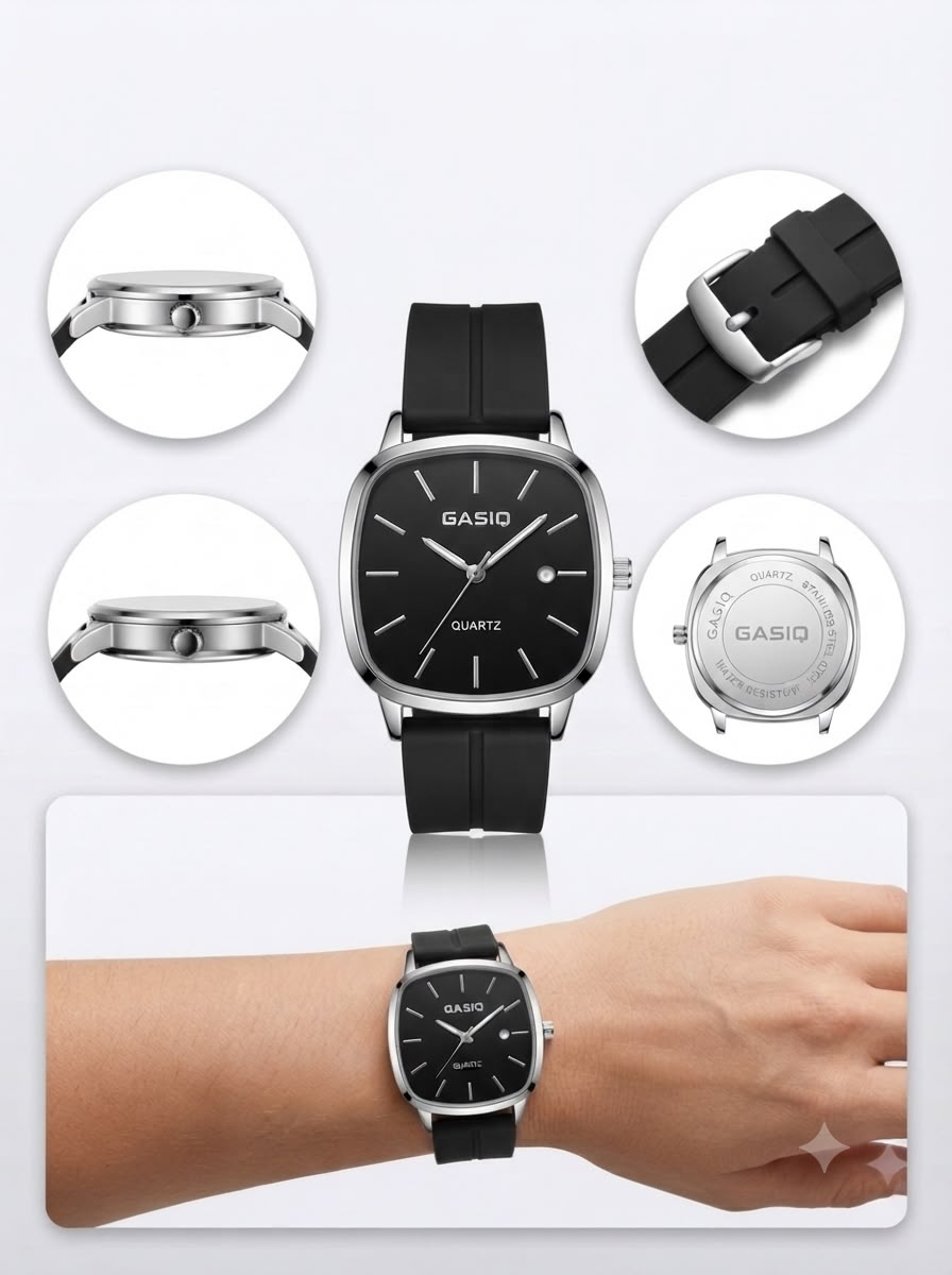 Modern Square-Case Quartz Watch – Comfort-Fit Silicone Strap