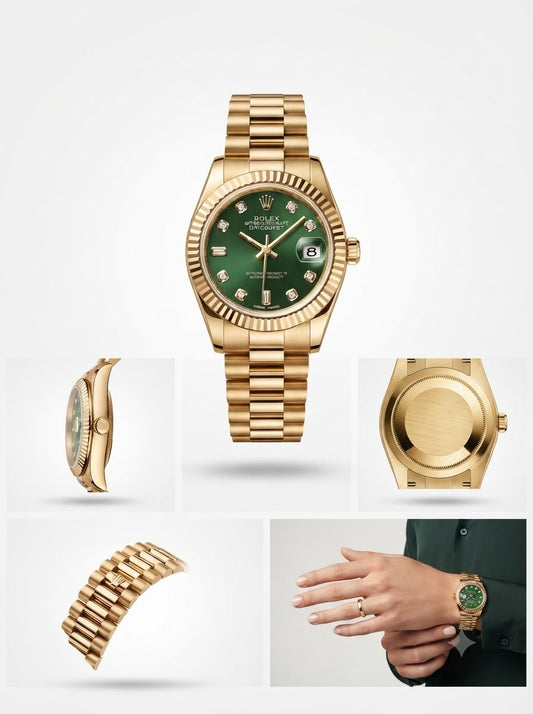 Presidential Fluted-Bezel Chronometer with Diamond Indices & Emerald Dial