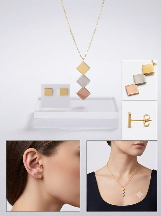 Geometric Trio Drop Necklace & Stud Earring Set