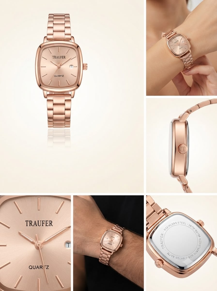 Rounded-Square Sunray Dress Watch – Rose Gold-Tone Minimalist Series
