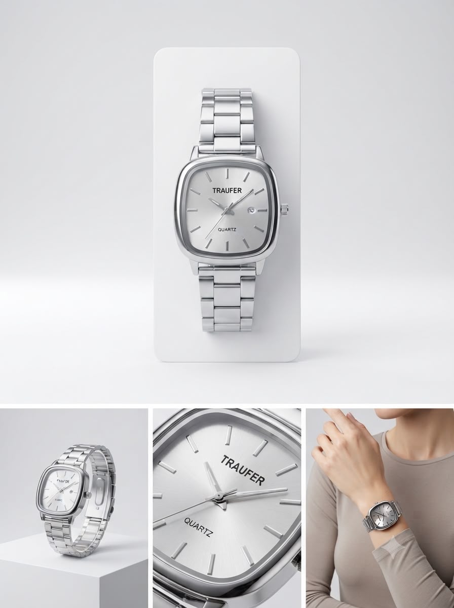 Signature Rounded-Square Sunray Dress Watch – Polished Stainless Steel Series