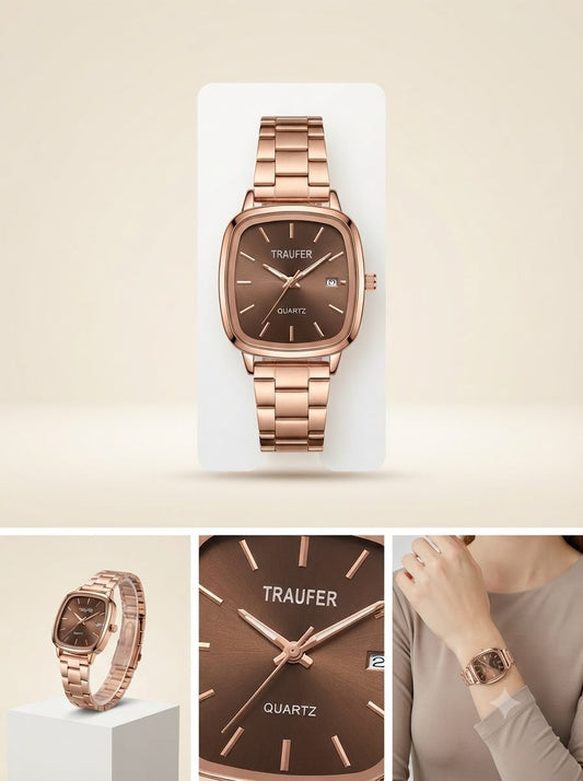 Rounded-Square Sunray Dress Watch – Rose Gold-Tone Minimalist Series