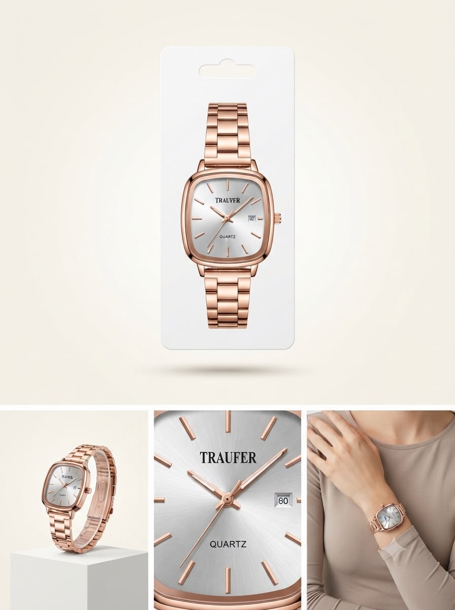 Rounded-Square Sunray Dress Watch – Rose Gold-Tone Minimalist Series