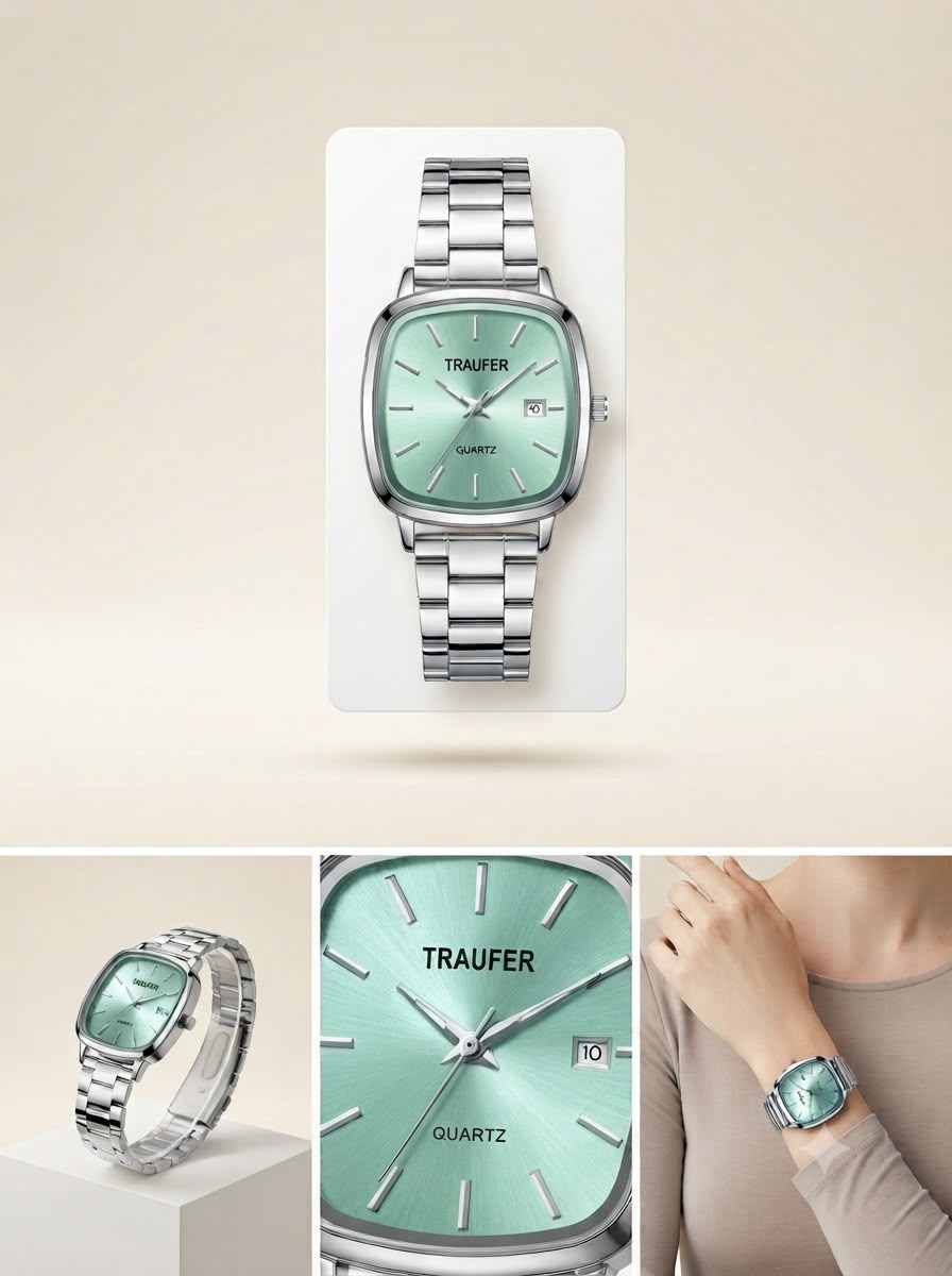 Signature Rounded-Square Sunray Dress Watch – Polished Stainless Steel Series