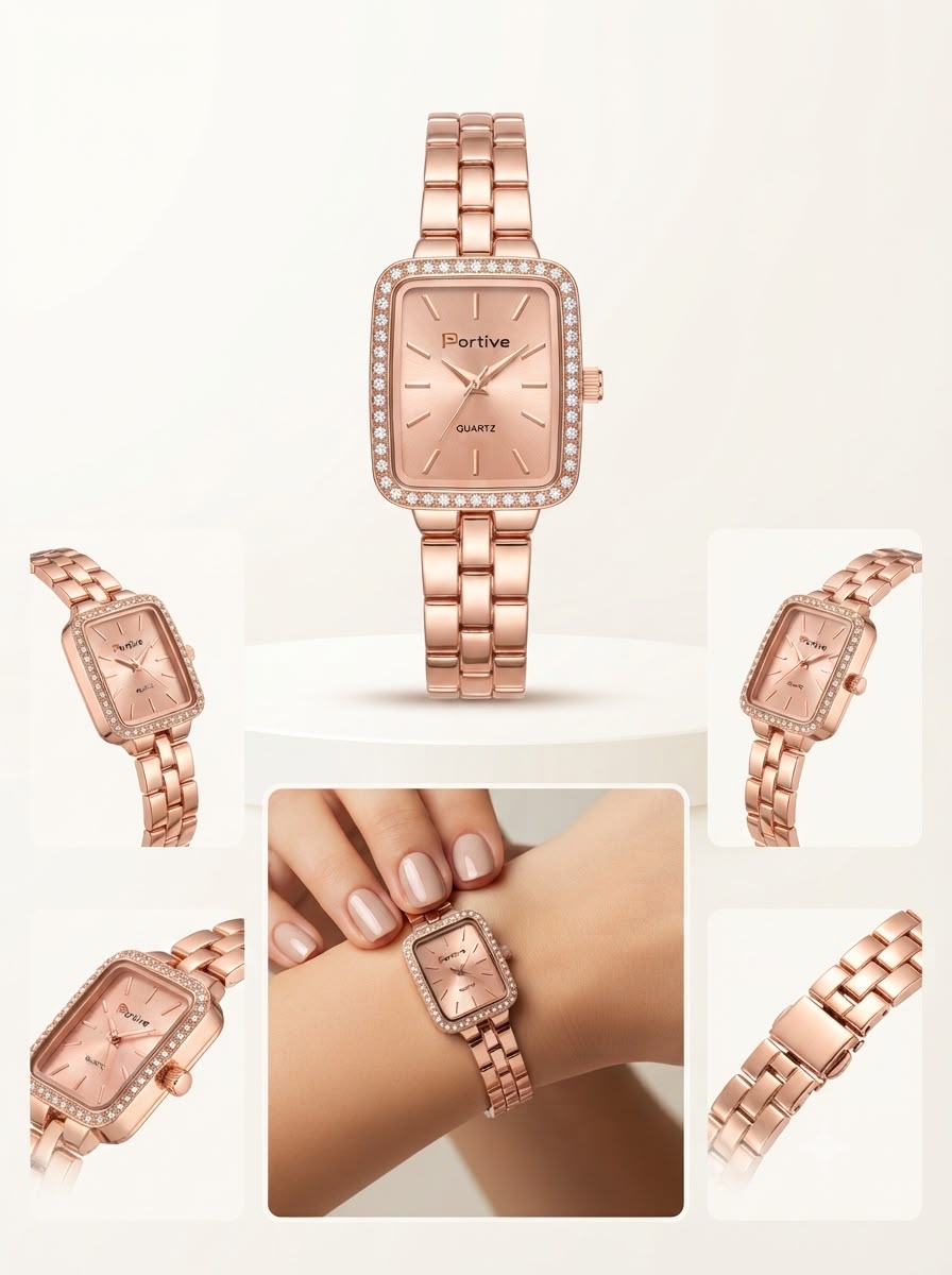Portive Crystal-Bezel Rectangular Dress Watch – Rose Gold-Tone Jewelry Series