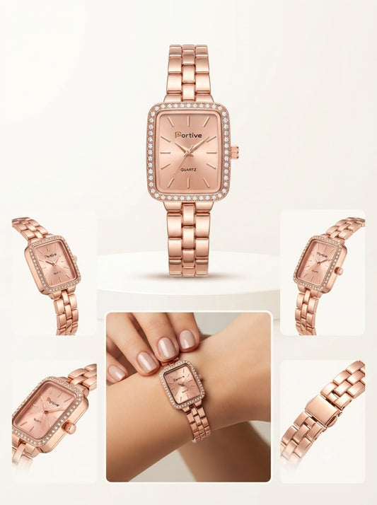 Portive Crystal-Bezel Rectangular Dress Watch – Rose Gold-Tone Jewelry Series