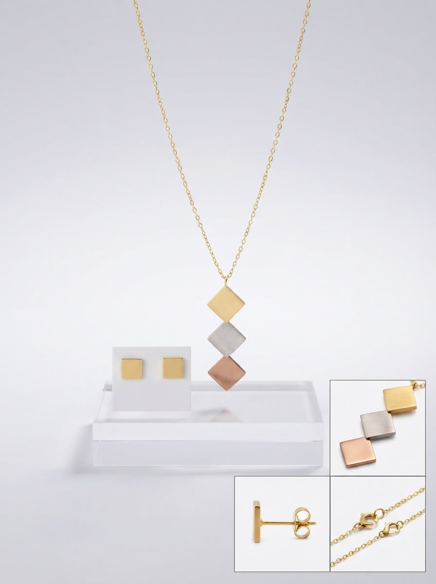 Geometric Trio Drop Necklace & Stud Earring Set